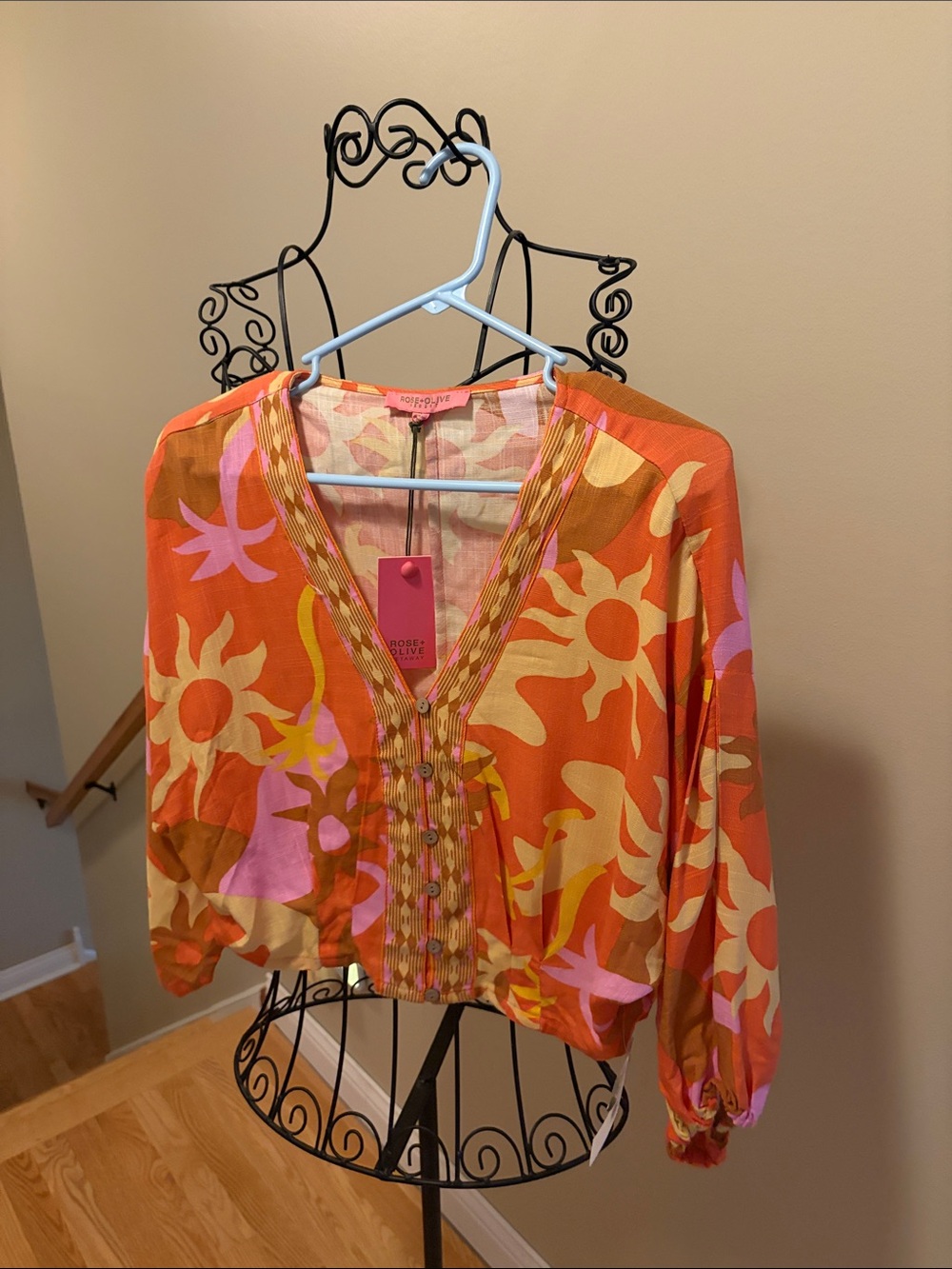 Rose & Olive Orange Floral V-Neck Blouse with Pink and Yellow Accents